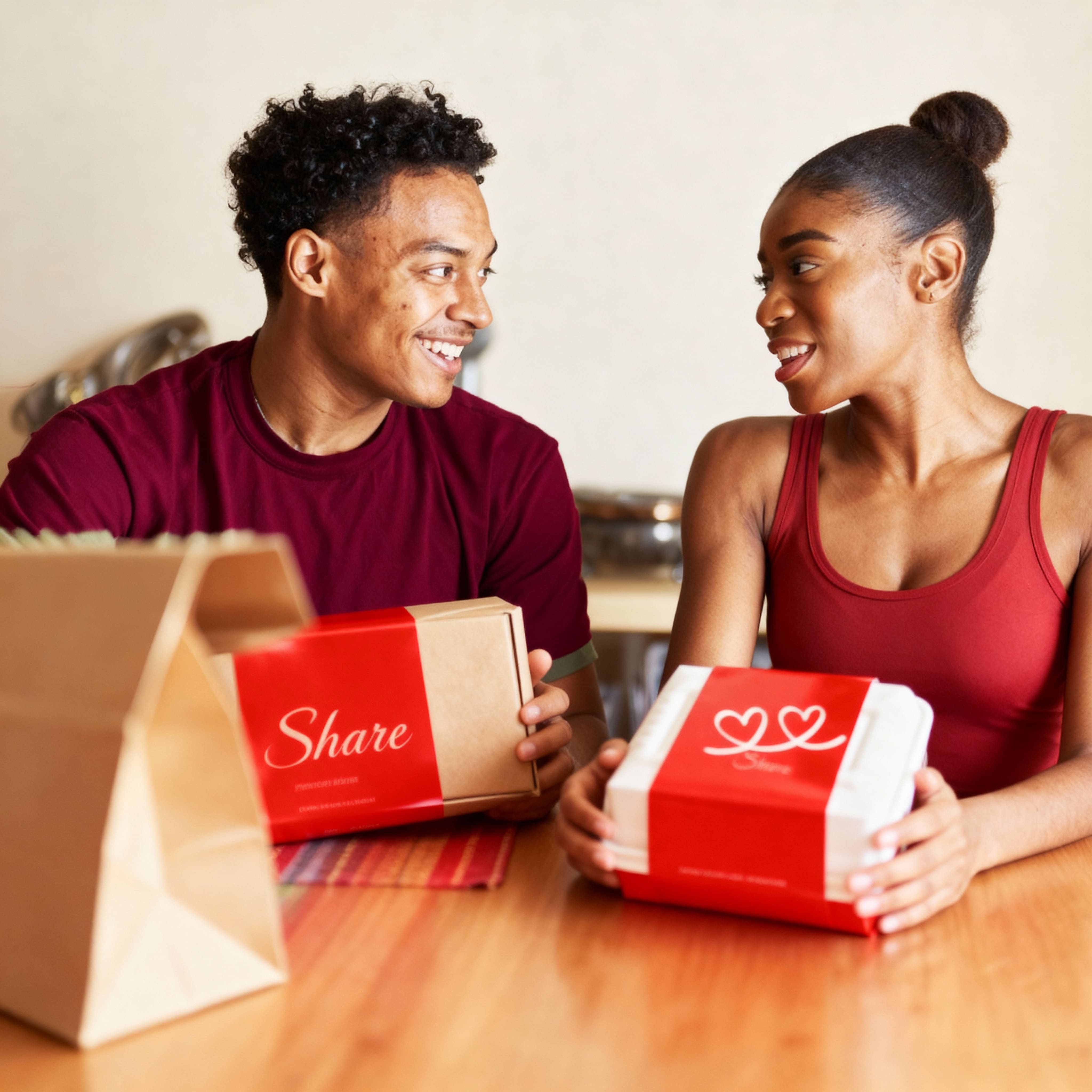 Happy couple holding red Share boxes, representing Contributors